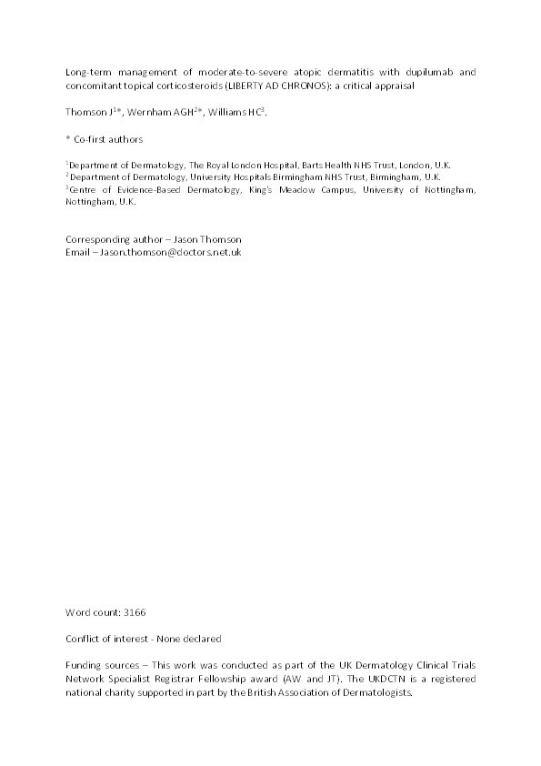 Long-term management of moderate-to-severe atopic dermatitis with dupilumab and concomitant topical corticosteroids (LIBERTY AD CHRONOS): a critical appraisal Thumbnail