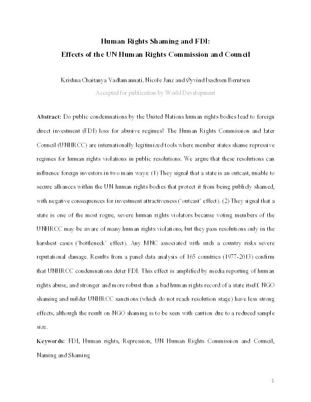 Human rights shaming and FDI: effects of the UN Human Rights Commission and Council Thumbnail