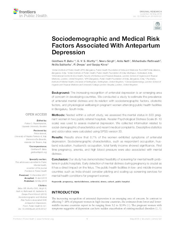 Sociodemographic and medical risk factors associated with antepartum depression Thumbnail