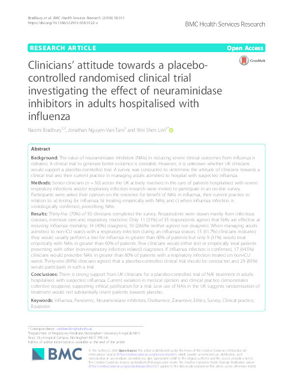 Clinicians' attitude towards a placebo-controlled randomised clinical trial investigating the effect of neuraminidase inhibitors in adults hospitalised with influenza Thumbnail