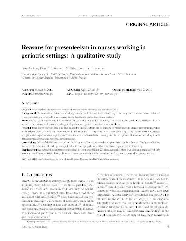 Reasons for presenteeism in nurses working in geriatric settings: a qualitative study Thumbnail