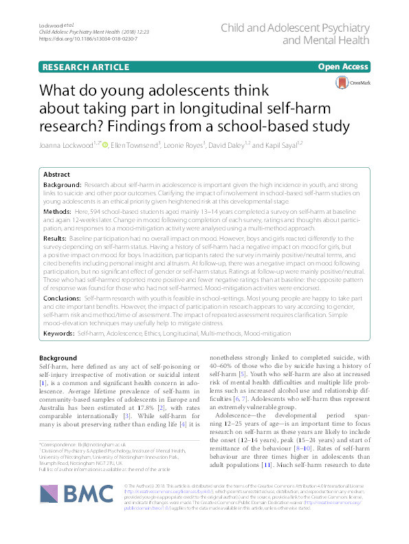 What do young adolescents think about taking part in longitudinal self-harm research?: findings from a school-based study Thumbnail