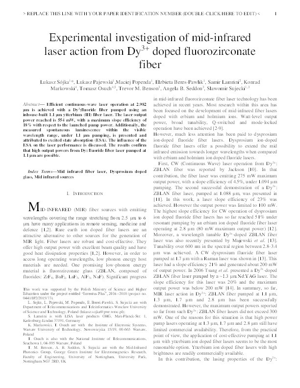 Experimental investigation of mid-infrared laser action from DY3+ doped fluorozirconate fiber Thumbnail