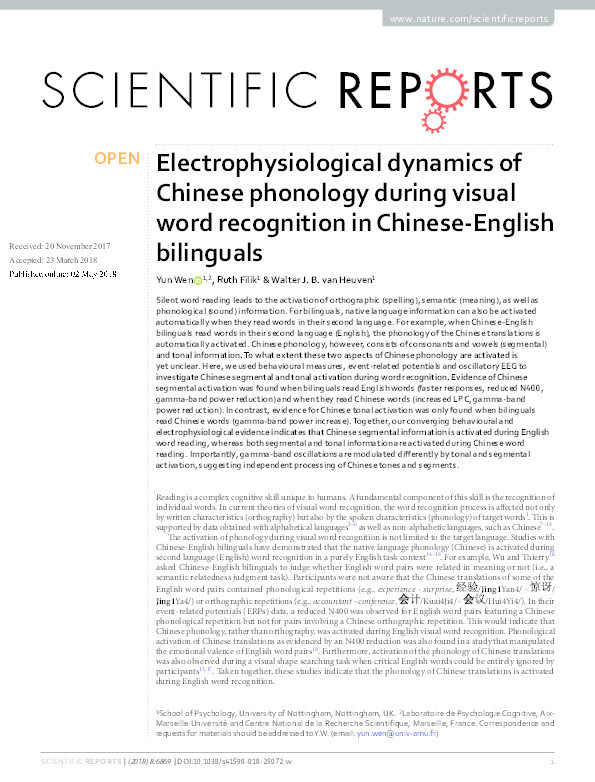 Electrophysiological dynamics of Chinese phonology during visual word recognition in Chinese-English bilinguals Thumbnail
