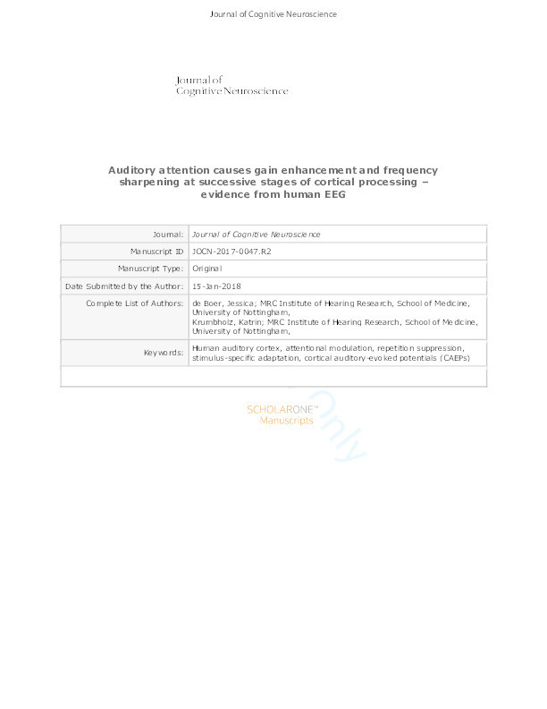 Auditory attention causes gain enhancement and frequency sharpening at successive stages of cortical processing: evidence from human EEG Thumbnail