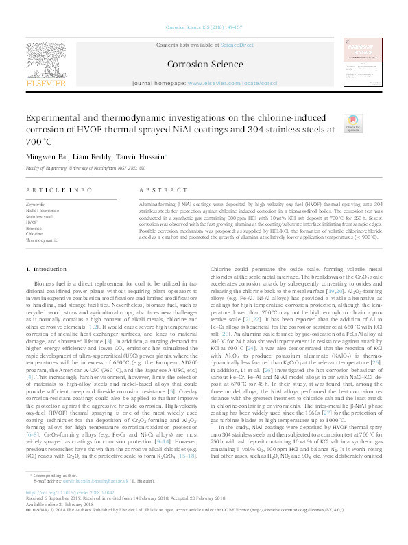 Experimental and thermodynamic investigations on the chlorine-induced corrosion of HVOF thermal sprayed NiAl coatings and 304 stainless steels at 700 °C Thumbnail