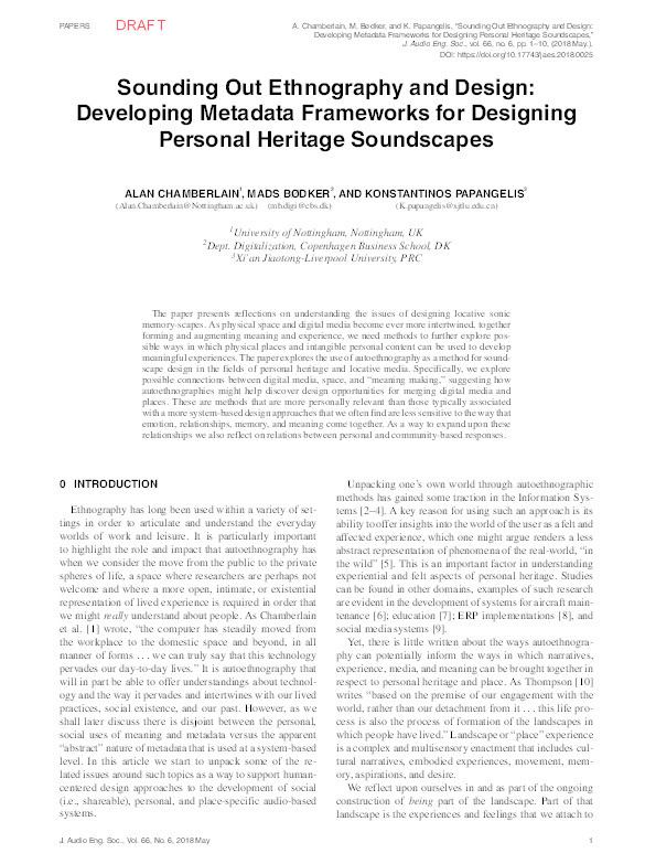 Sounding Out Ethnography and Design: Developing Metadata Frameworks for Designing Personal Heritage Soundscapes Thumbnail