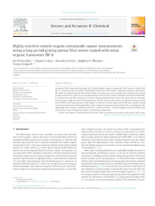 Highly sensitive volatile organic compounds vapour measurements using a long period grating optical fibre sensor coated with metal organic framework ZIF-8 Thumbnail