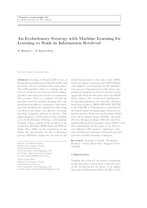 An evolutionary strategy with machine learning for learning to rank in information retrieval Thumbnail