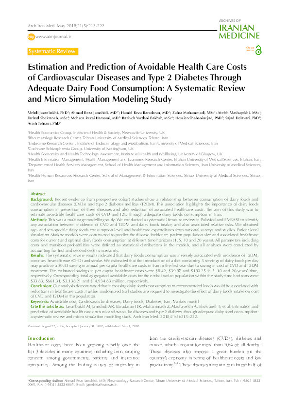 Estimation and prediction of avoidable health care costs of cardiovascular diseases and type 2 diabetes through adequate dairy food consumption: a systematic review and micro simulation modeling study Thumbnail