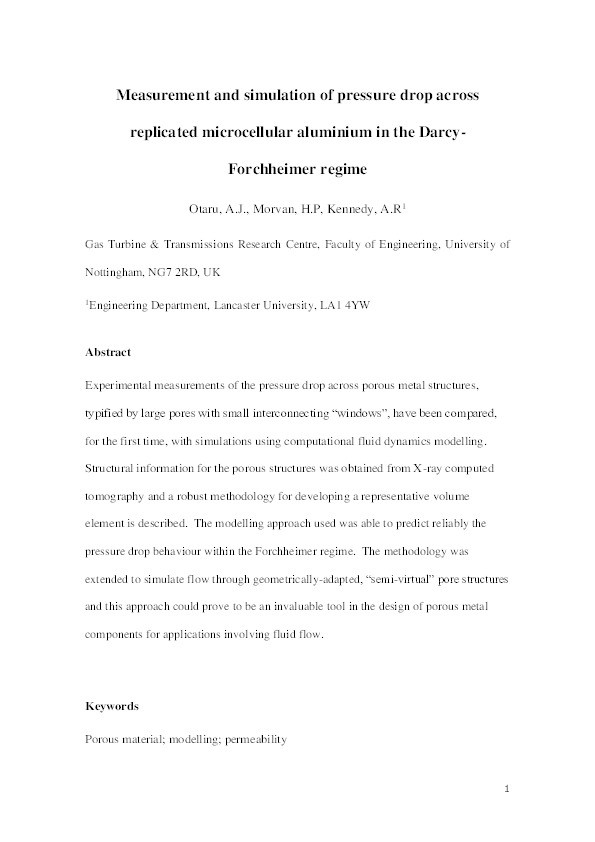 Measurement and simulation of pressure drop across replicated porous aluminium in the Darcy-Forchheimer regime Thumbnail