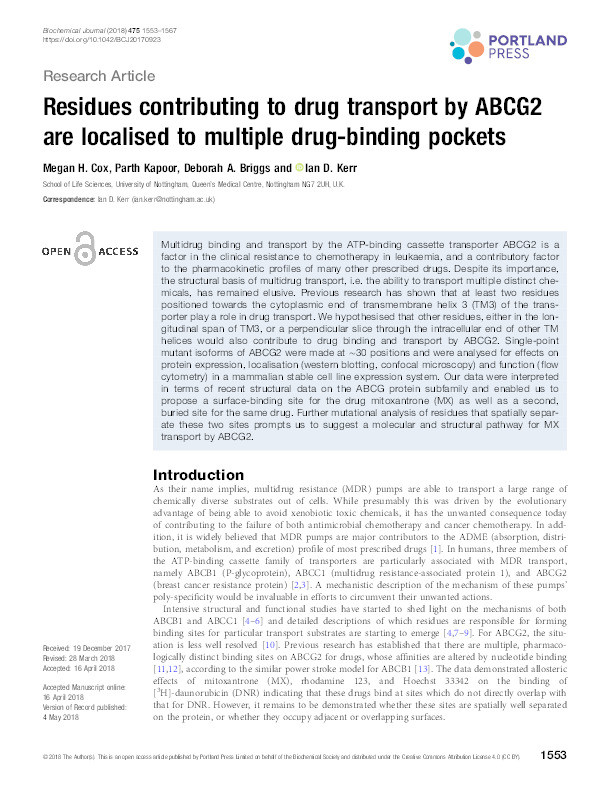 Residues contributing to drug transport by ABCG2 are localised to multiple drug-binding pockets Thumbnail