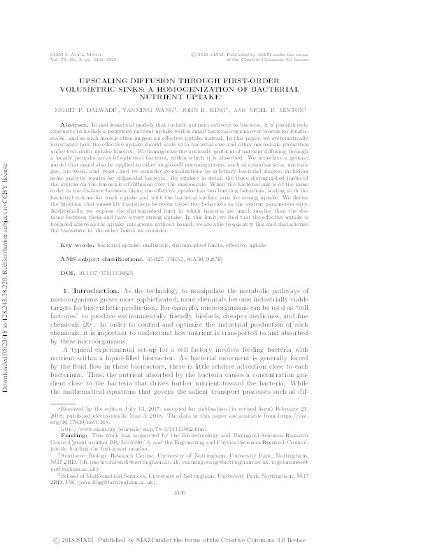Upscaling Diffusion Through First-Order Volumetric Sinks: A Homogenization of Bacterial Nutrient Uptake Thumbnail