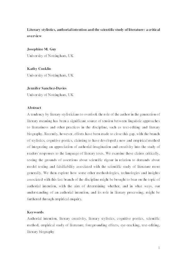 Literary stylistics, authorial intention and the scientific study of literature: a critical overview Thumbnail