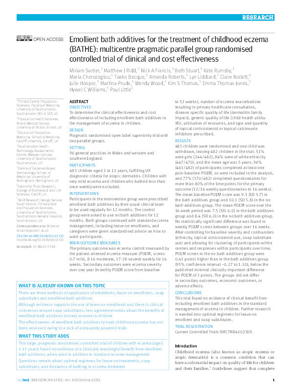 Emollient bath additives for the treatment of childhood eczema (BATHE): multi-centre pragmatic parallel group randomised controlled trial of clinical and cost-effectiveness Thumbnail
