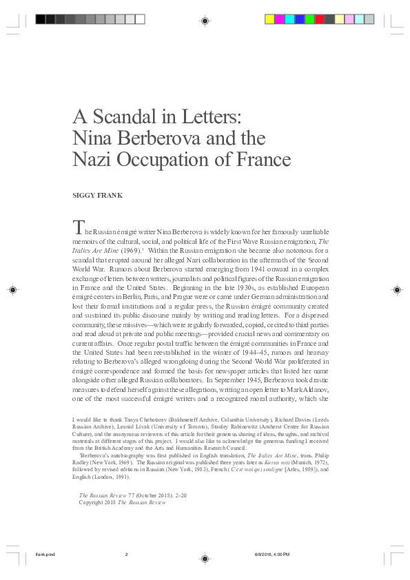 A scandal in letters: Nina Berberova and the Nazi occupation of France Thumbnail
