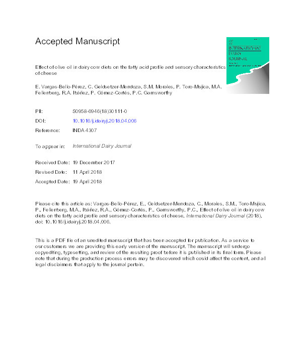 Effect of olive oil in dairy cow diets on the fatty acid profile and sensory characteristics of cheese Thumbnail