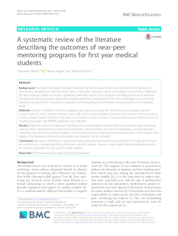 A systematic review of the literature describing the outcomes of near-peer mentoring programs for first year medical students Thumbnail