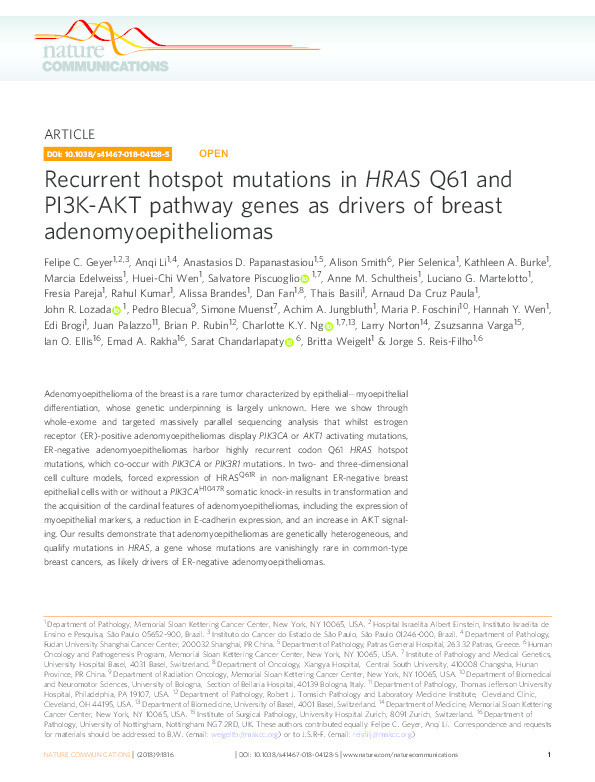 Recurrent hotspot mutations in HRAS Q61 and PI3K-AKT pathway genes as drivers of breast adenomyoepitheliomas Thumbnail