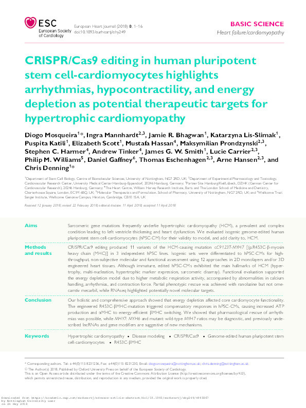 CRISPR/Cas9 editing in human pluripotent stem cell-cardiomyocytes highlights arrhythmias, hypocontractility, and energy depletion as potential therapeutic targets for hypertrophic cardiomyopathy Thumbnail