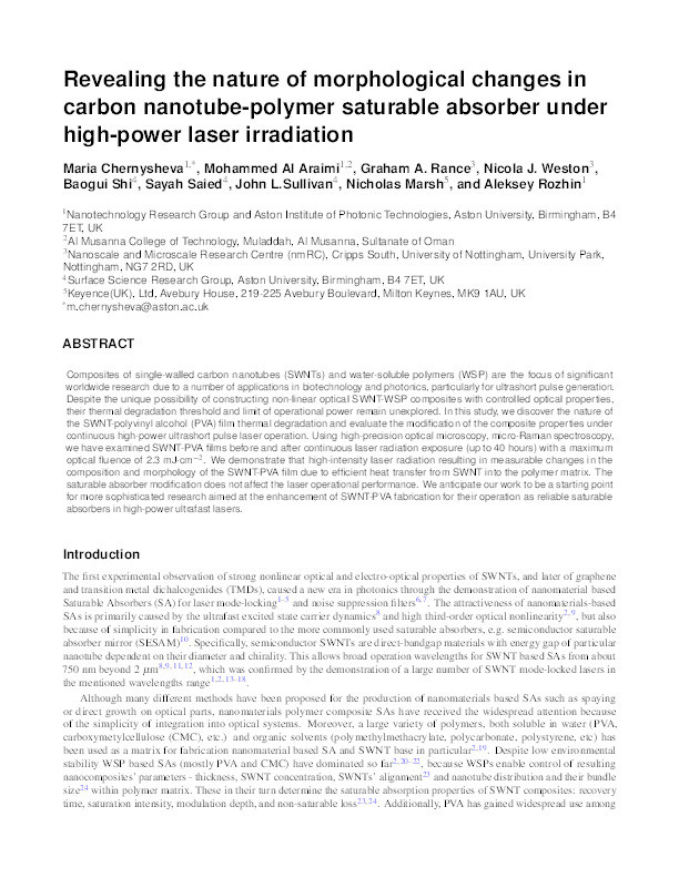 Revealing the nature of morphological changes in carbon nanotube-polymer saturable absorber under high-power laser irradiation Thumbnail