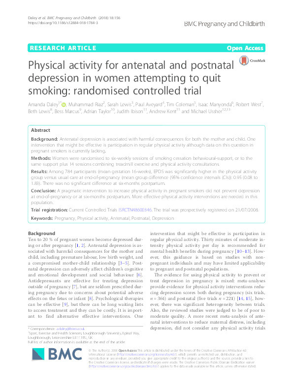 Physical activity for antenatal and postnatal depression in women attempting to quit smoking: randomised controlled trial Thumbnail