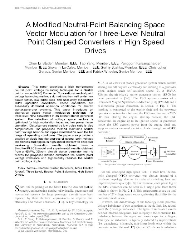 A Modified Neutral Point Balancing Space Vector Modulation for Three-Level Neutral Point Clamped Converters in High-Speed Drives Thumbnail