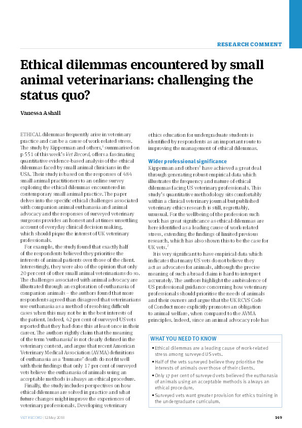 Ethical dilemmas encountered by small animal veterinarians: challenging the status quo? Thumbnail
