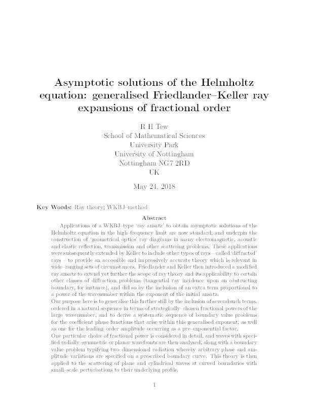 Asymptotic solutions of the Helmholtz equation: Generalised Friedlander–Keller ray expansions of fractional order Thumbnail