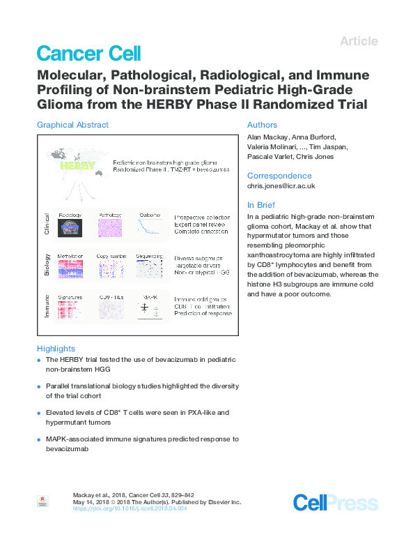 Molecular, Pathological, Radiological, and Immune Profiling of Non-brainstem Pediatric High-Grade Glioma from the HERBY Phase II Randomized Trial Thumbnail