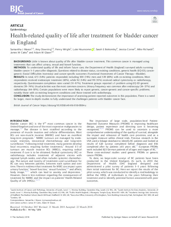 Health-related quality of life after treatment for bladder cancer in England Thumbnail