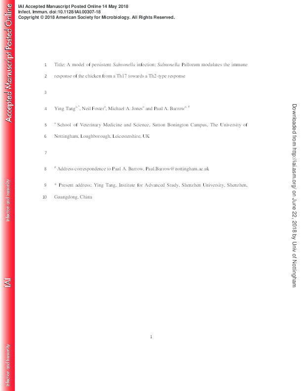 A model of persistent Salmonella infection: Salmonella pullorum modulates the immune response of the chicken from a Th17 towards a Th2-type response Thumbnail