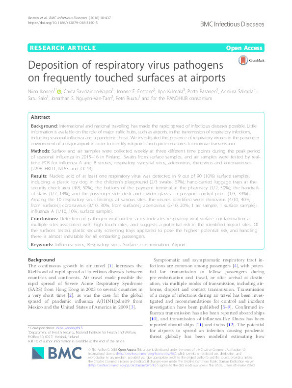 Deposition of respiratory virus pathogens on frequently touched surfaces at airports Thumbnail