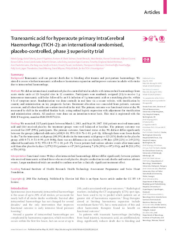 Tranexamic acid for hyperacute primary IntraCerebral Haemorrhage (TICH-2): an international randomised, placebo-controlled, phase 3 superiority trial Thumbnail