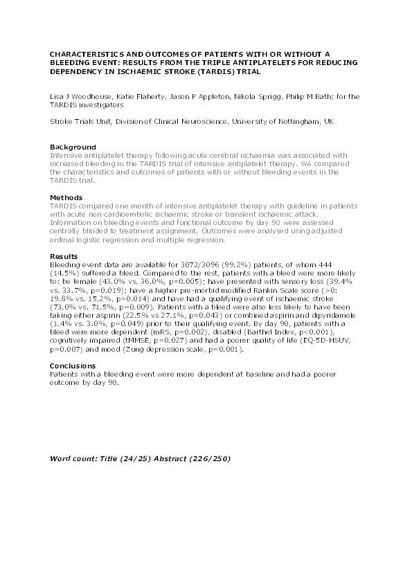 Characteristics and outcomes of patients with or without a bleeding event: results from the triple antiplatelets for reducing dependency in ischaemic stroke (TARDIS) trial Thumbnail