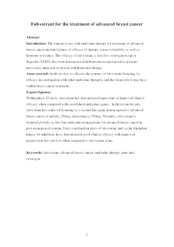 Fulvestrant for the treatment of advanced breast cancer Thumbnail