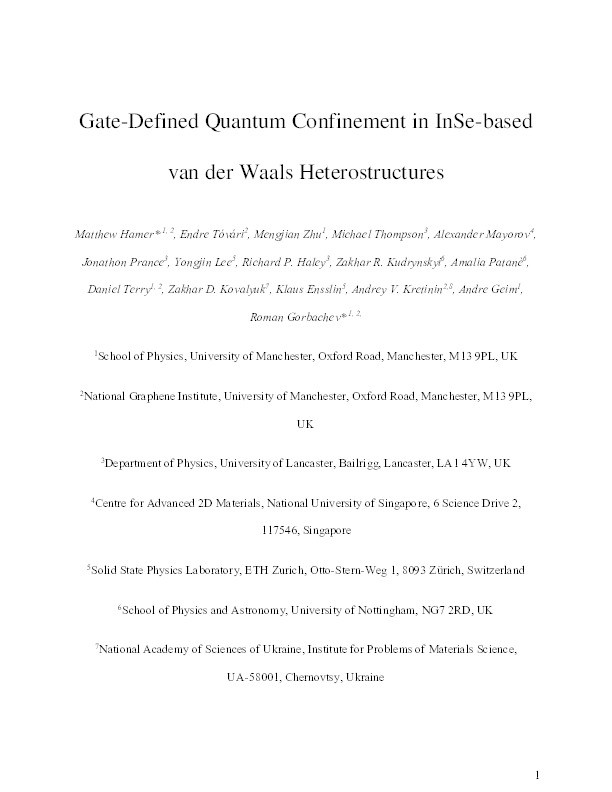 Gate-Defined Quantum Confinement in InSe-Based van der Waals Heterostructures Thumbnail