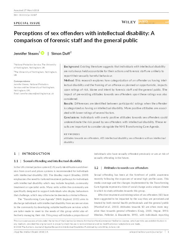 Perceptions of sex offenders with intellectual disability: a comparison of forensic staff and the general public Thumbnail