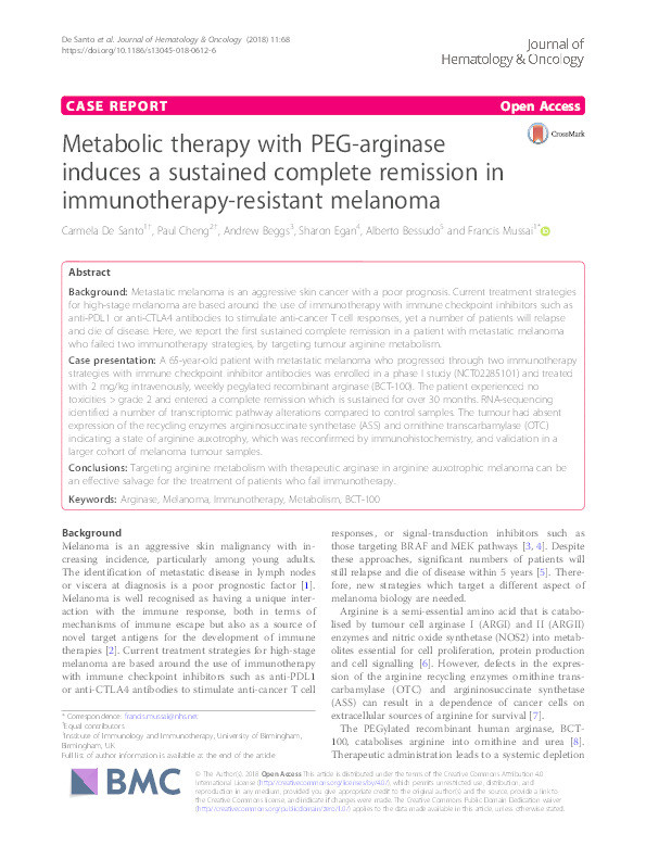 Metabolic therapy with PEG-arginase induces a sustained complete remission in immunotherapy-resistant melanoma Thumbnail
