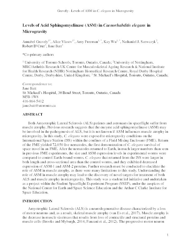 Levels of acid sphingomyelinase (ASM) in Caenorhabditis elegans in microgravity Thumbnail