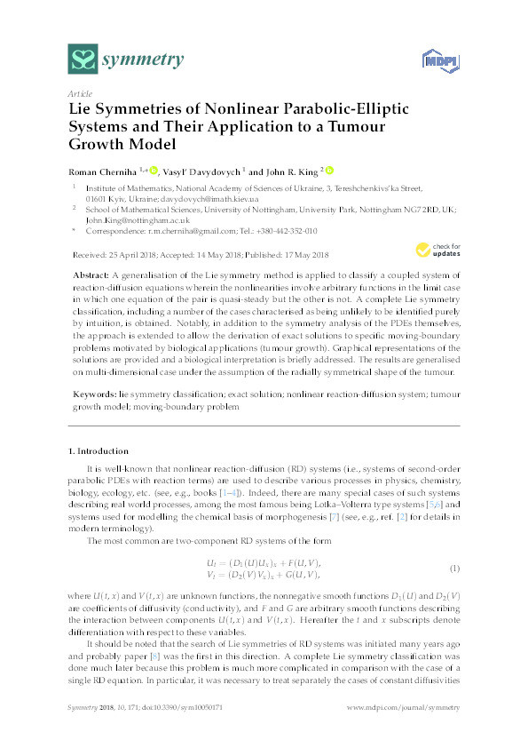 Lie symmetries of nonlinear parabolic-elliptic systems and their application to a tumour growth model Thumbnail