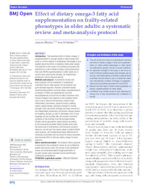 Effect of dietary omega-3 fatty acid supplementation on frailty related phenotypes in older adults: a systematic review and meta-analysis protocol Thumbnail