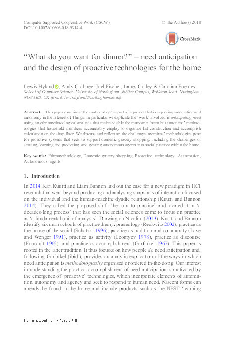 “What do you want for dinner?”: need anticipation and the design of proactive technologies for the home Thumbnail