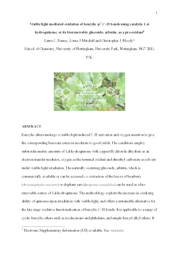 Visible light mediated oxidation of benzylic sp3 C–H bonds using catalytic 1,4hydroquinone, or its biorenewable glucoside, arbutin, as a pre-oxidant Thumbnail