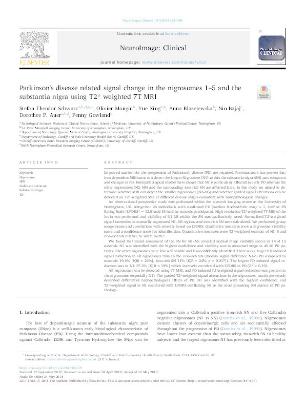 Parkinson's disease related signal change in the nigrosomes 1–5 and the substantia nigra using T2* weighted 7T MRI Thumbnail