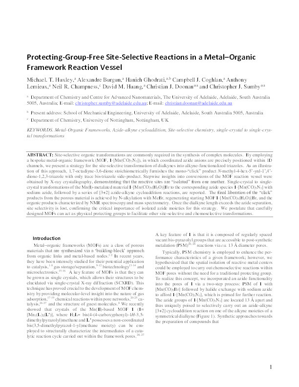 Protecting-group-free site-selective reactions in a metal–organic framework reaction vessel Thumbnail