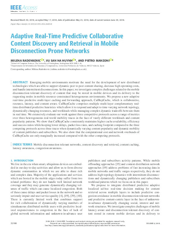 Adaptive Real-Time Predictive Collaborative Content Discovery and Retrieval in Mobile Disconnection Prone Networks Thumbnail