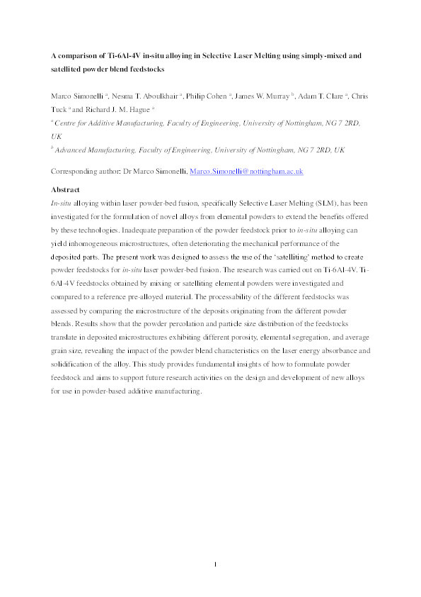 A comparison of Ti-6Al-4V in-situ alloying in Selective Laser Melting using simply-mixed and satellited powder blend feedstocks Thumbnail