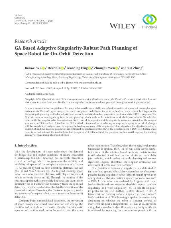 GA based adaptive singularity-robust path planning of space robot for on-orbit detection Thumbnail