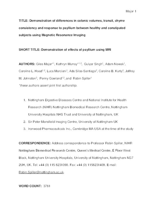 Demonstration of differences in colonic volumes, transit, chyme consistency and response to psyllium between healthy and constipated subjects using magnetic resonance imaging Thumbnail